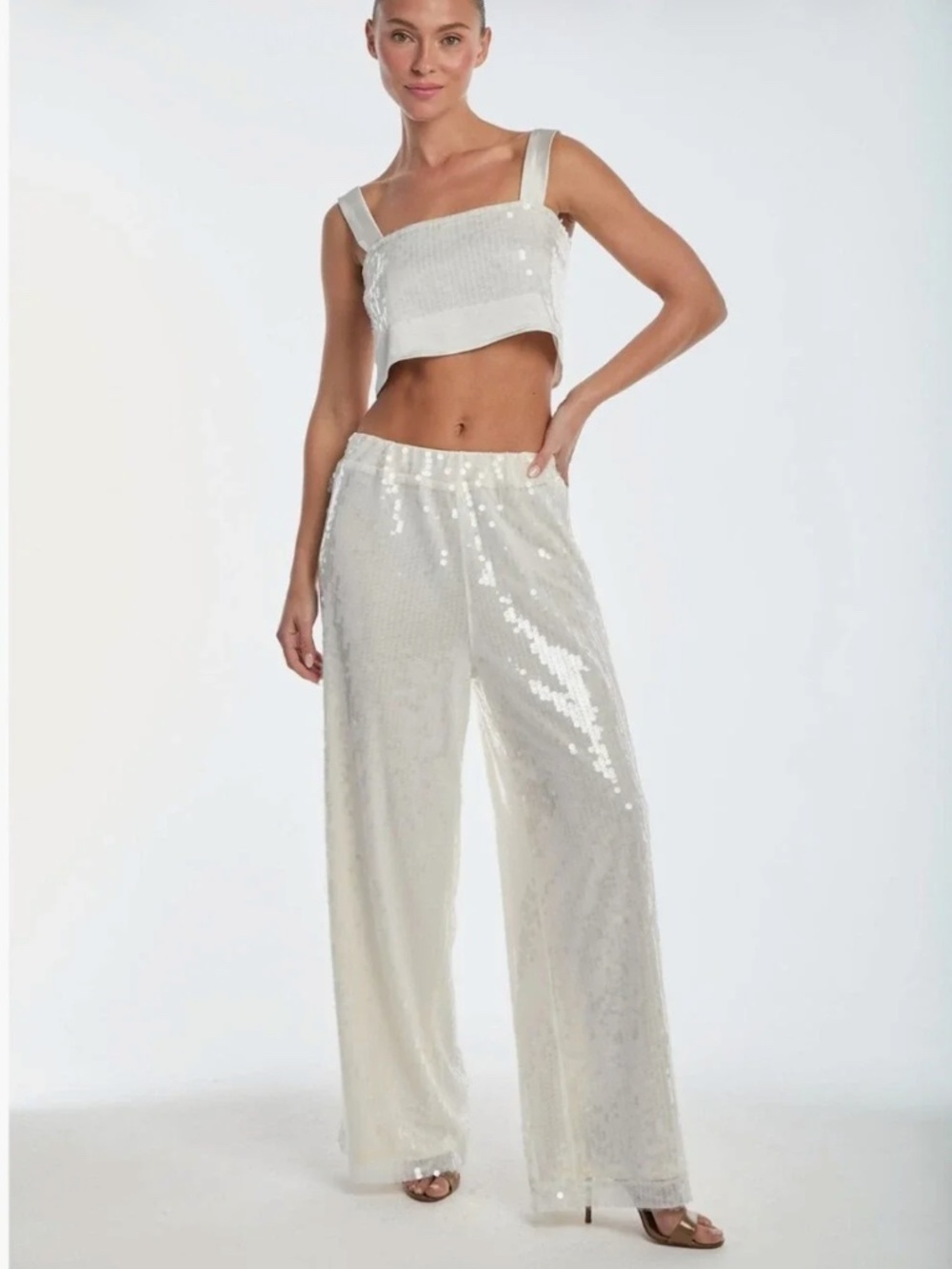 The Noli Shop Alba Cream & Clear Sequin Wide Leg Pants